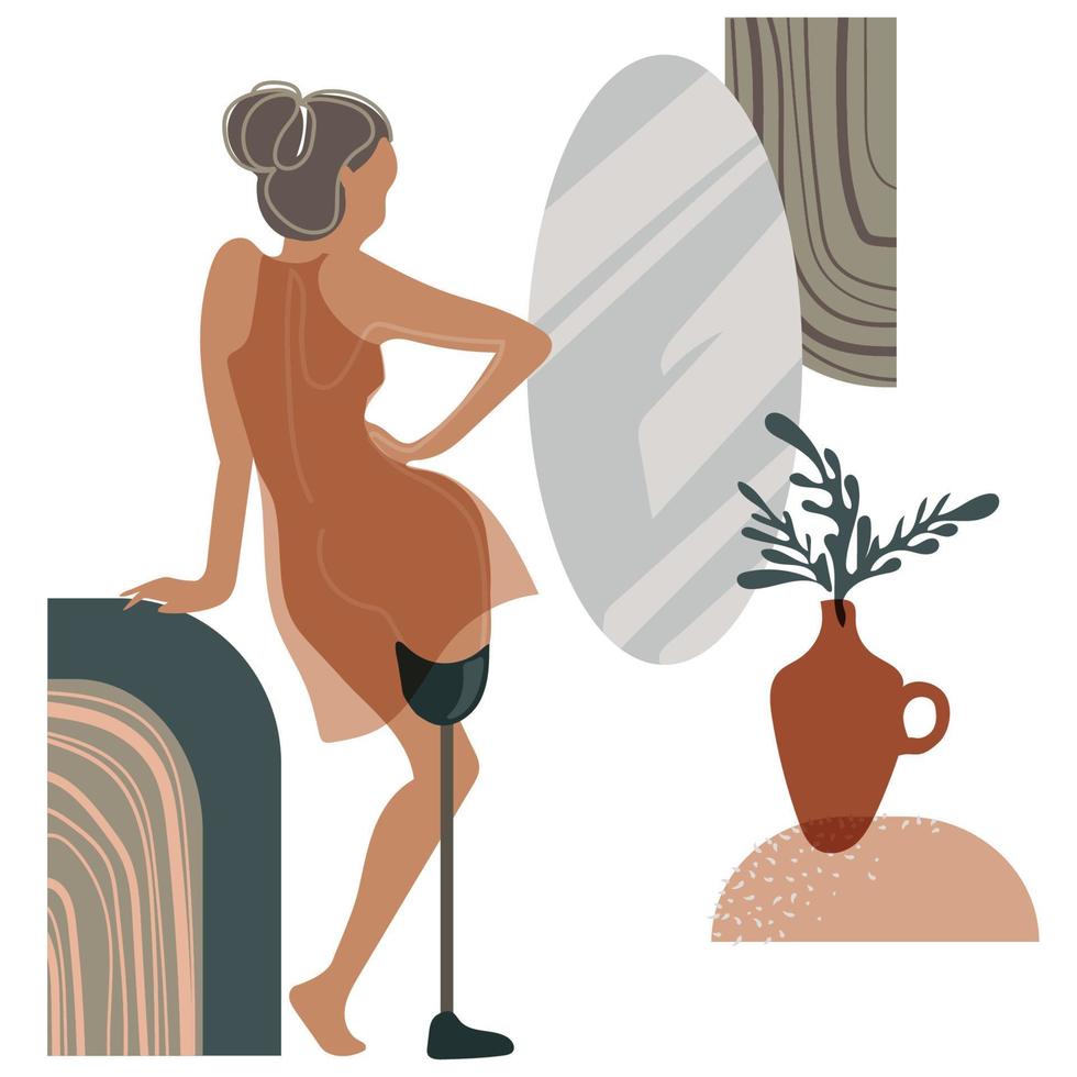 jeune femme handicapée avec une jambe prothétique debout devant un miroir illustration vectorielle isolée dans un style plat abstrait moderne. personnage féminin avec un handicap physique. l'individualité est belle vecteur