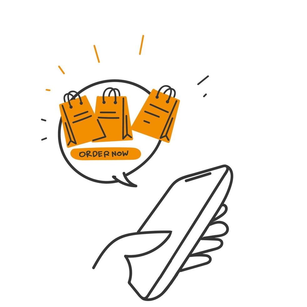 téléphone portable doodle dessiné à la main avec symbole de sac à provisions pour commander maintenant des achats en ligne vecteur