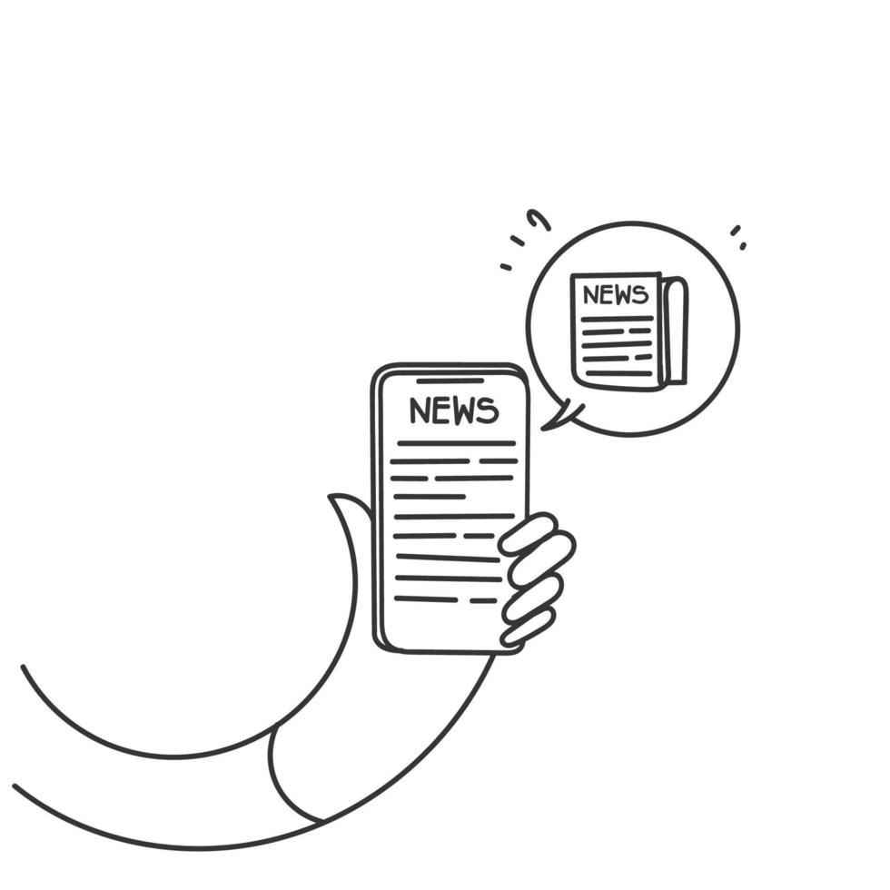 doodle dessiné à la main lisant des nouvelles sur le vecteur d'illustration de téléphone portable