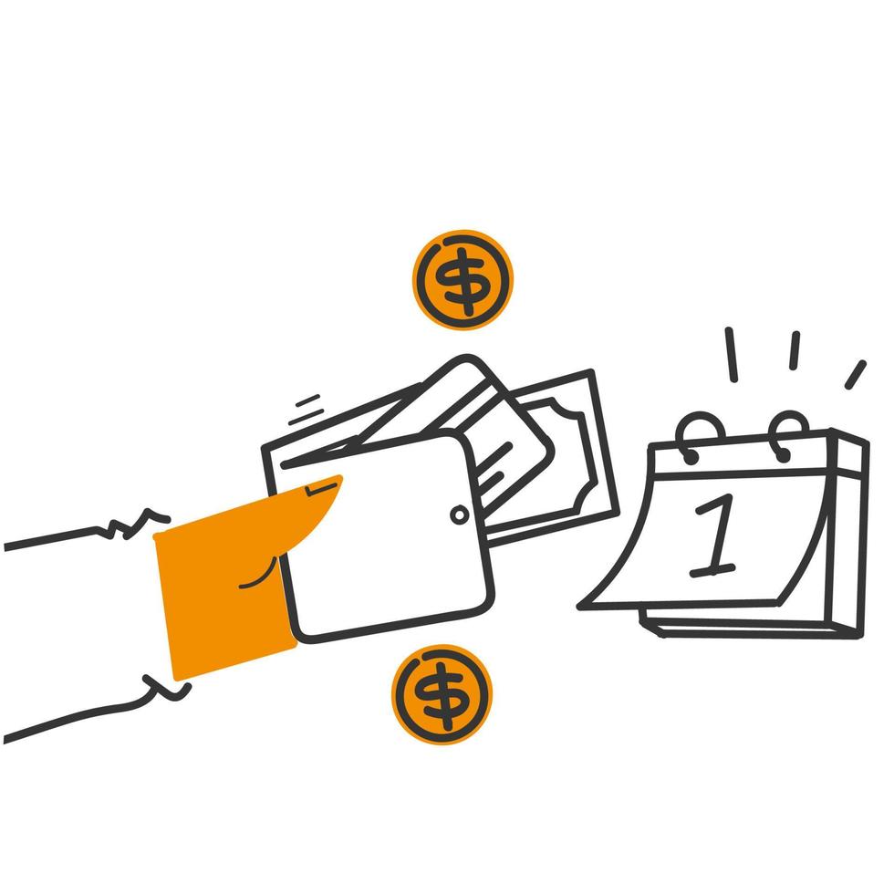 calendrier de doodle dessiné à la main avec symbole de portefeuille et de pièce de monnaie pour l'illustration de l'usine de paiement vecteur