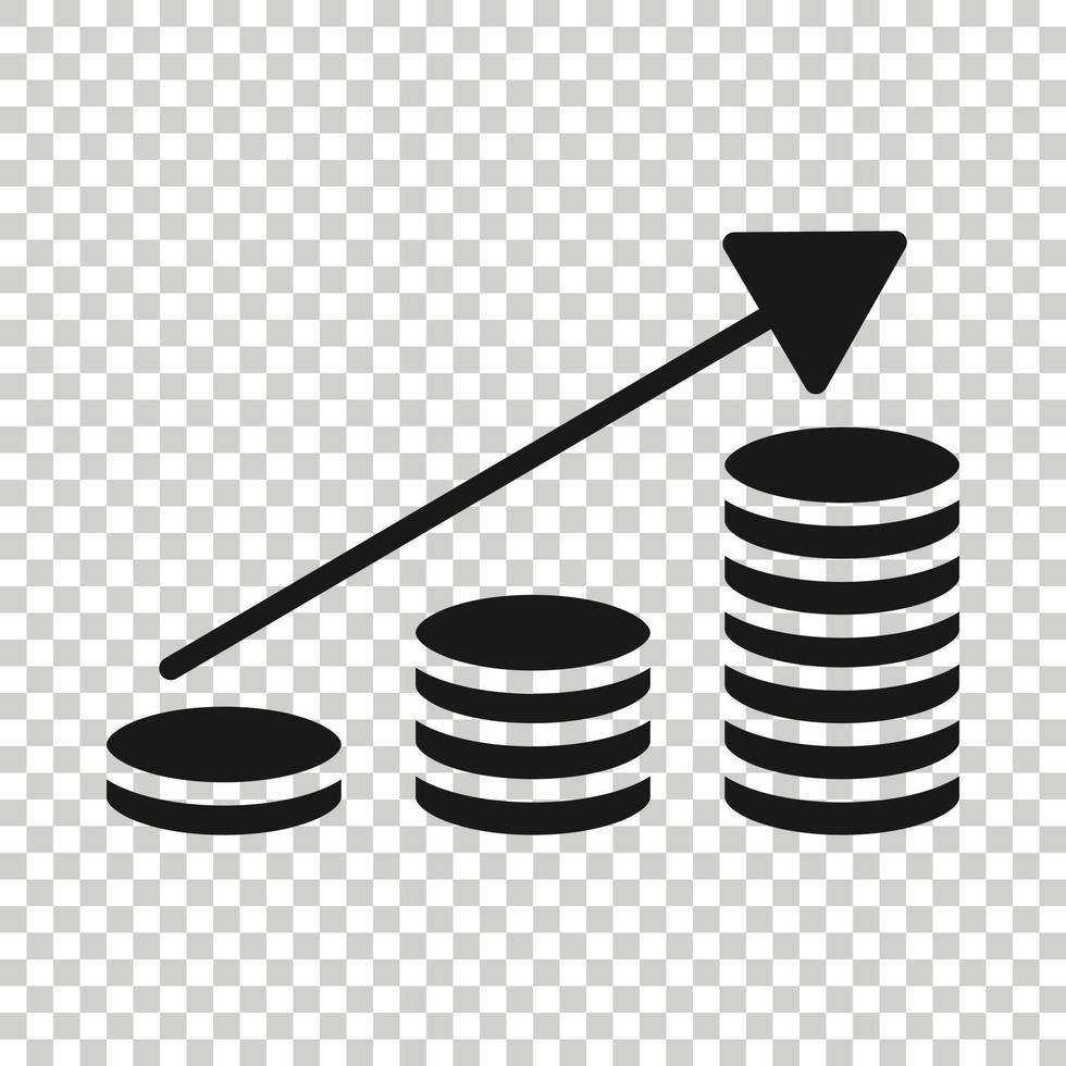 icône d'augmentation du taux de revenu dans un style plat. illustration vectorielle de performance financière sur fond blanc isolé. pièce de monnaie avec le concept d'entreprise de flèche de croissance. vecteur