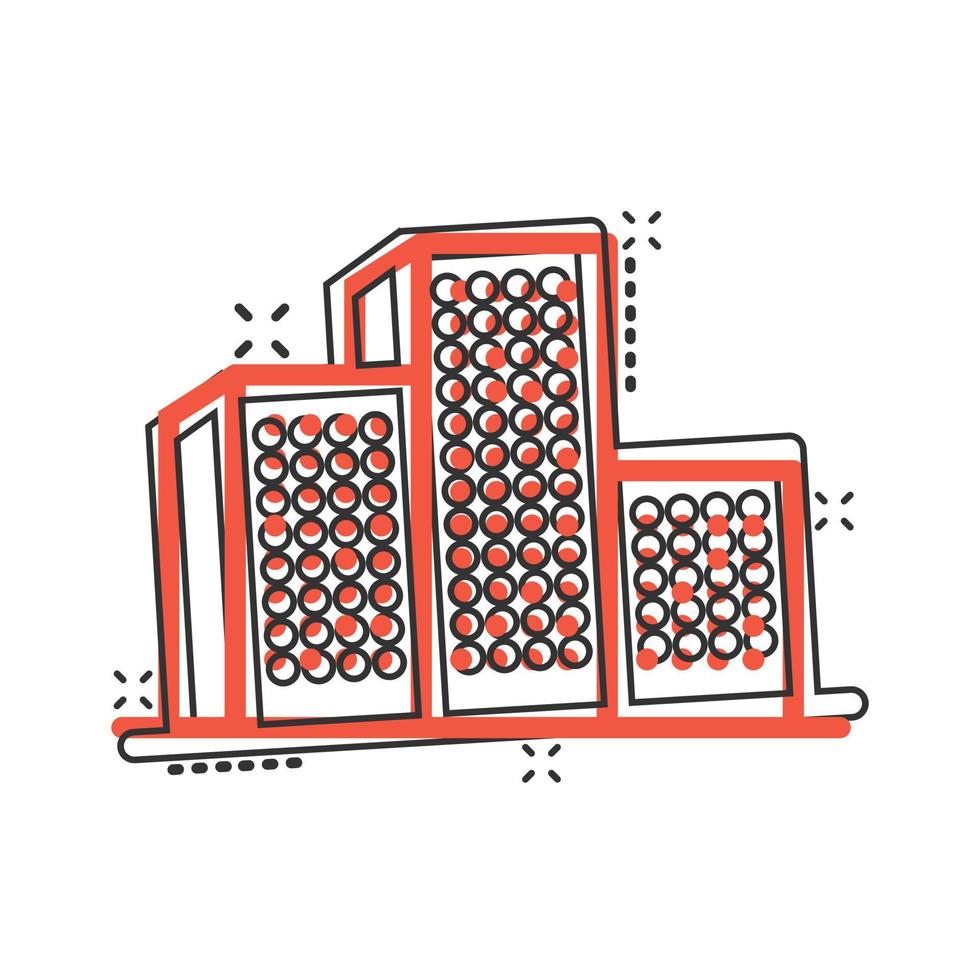 icône de bâtiment dans le style comique. ville gratte-ciel appartement dessin animé illustration vectorielle sur fond blanc isolé. concept d'entreprise d'effet d'éclaboussure de la tour de la ville. vecteur