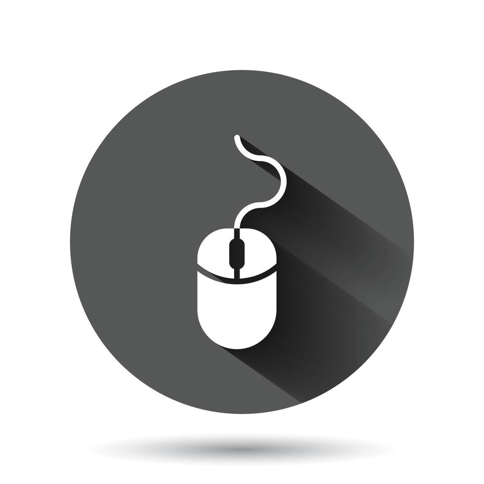 icône de souris d'ordinateur dans un style plat. illustration vectorielle de curseur sur fond rond noir avec effet d'ombre portée. concept d'entreprise de bouton de cercle de pointeur. vecteur