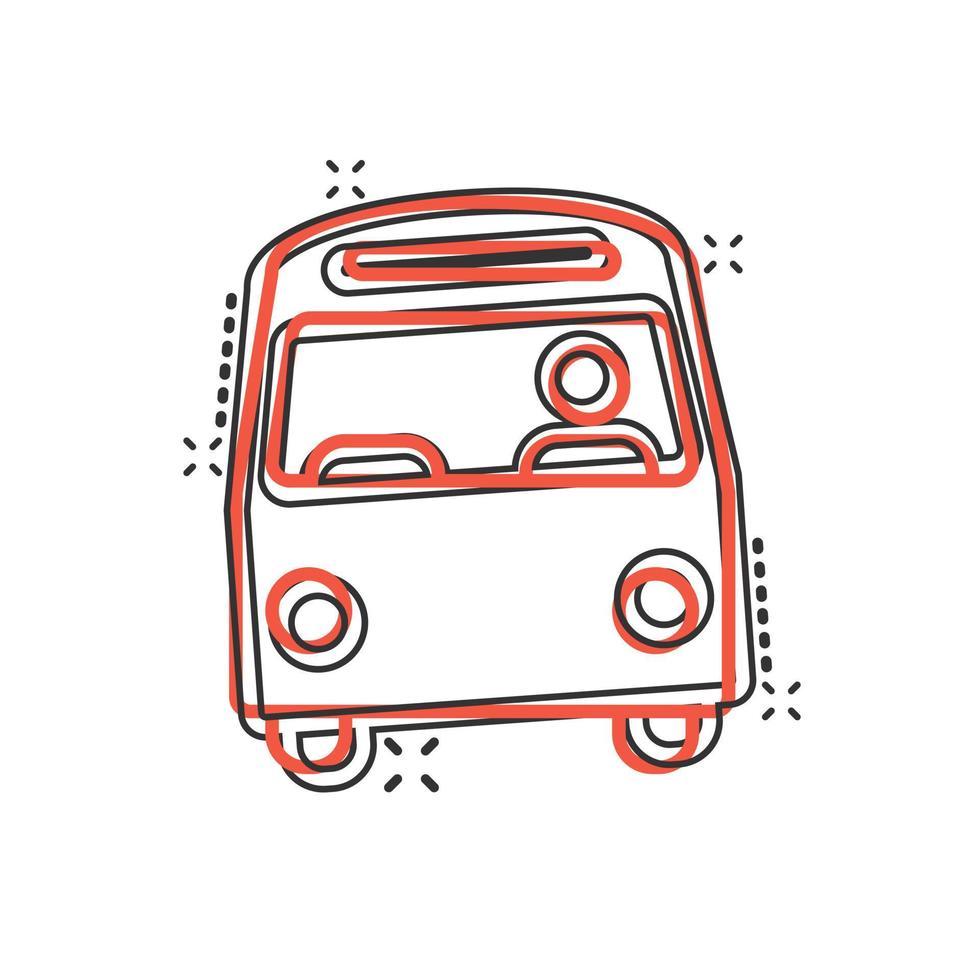 icône de bus dans le style comique. illustration vectorielle de dessin animé d'entraîneur sur fond blanc isolé. concept d'entreprise d'effet d'éclaboussure de véhicule autobus. vecteur