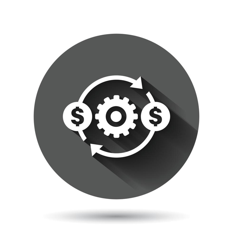 icône d'optimisation de l'argent dans un style plat. illustration vectorielle efficace d'engrenage sur fond rond noir avec effet d'ombre portée. concept d'entreprise de bouton de cercle de processus financier. vecteur