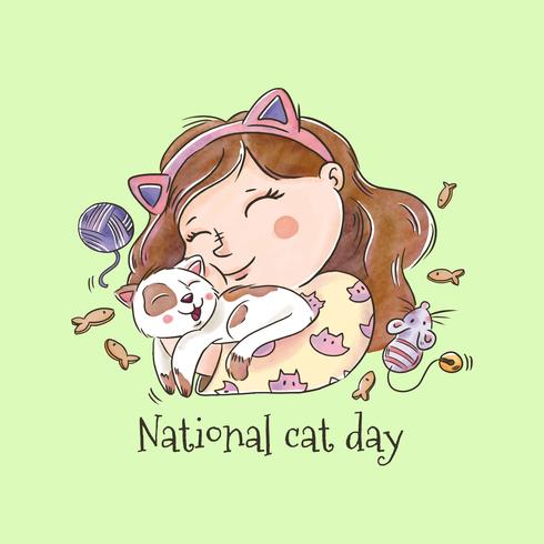 Jolie fille souriant étreignant un chat pour la journée nationale des chats vecteur