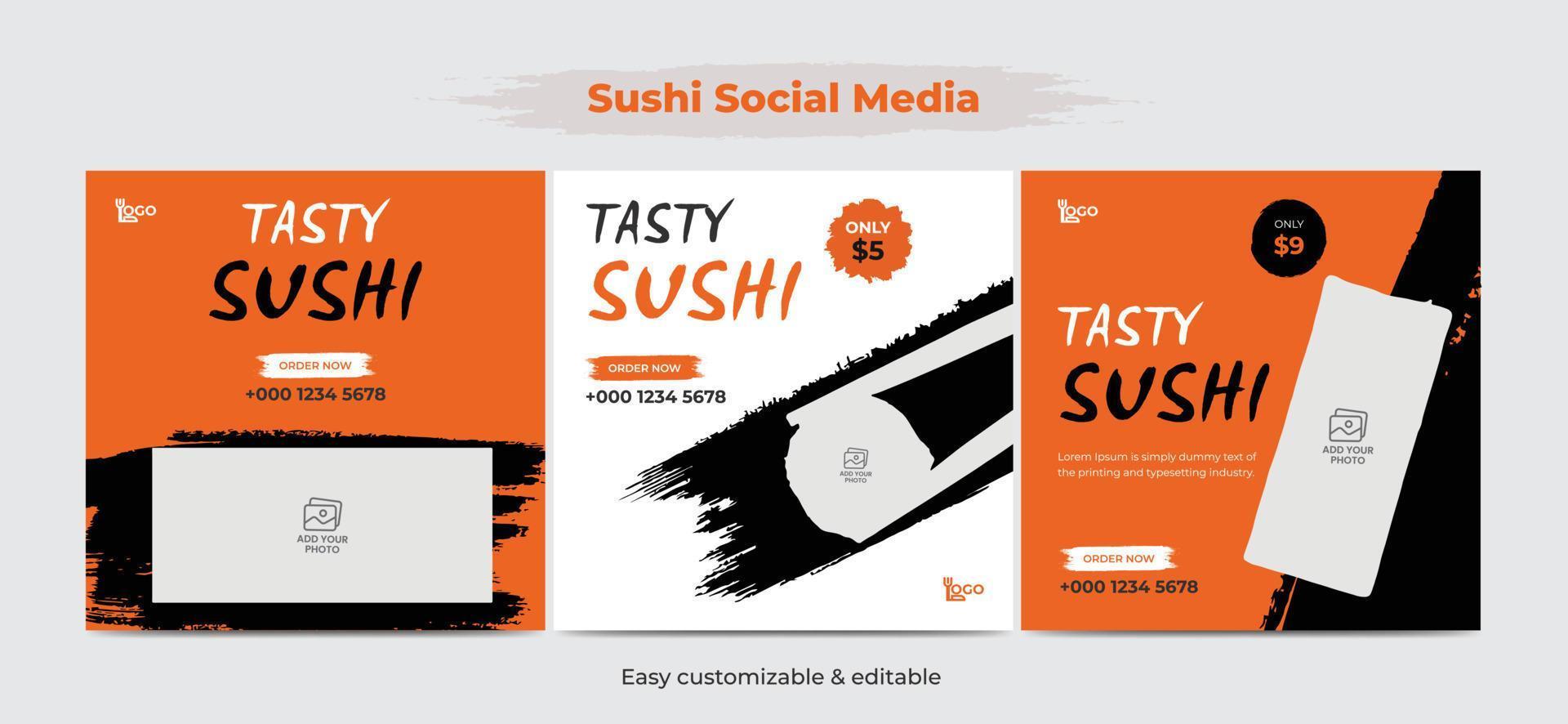 modèle de publication de médias sociaux de sushi conception de bannière sociale carrée de nourriture savoureuse vecteur