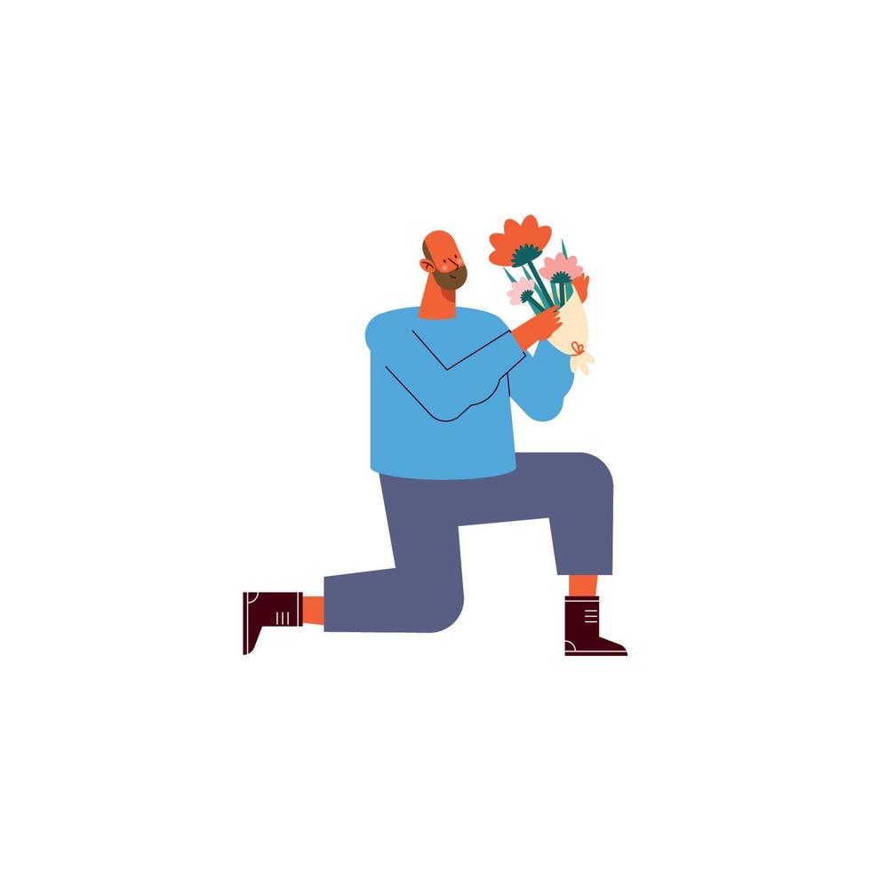 homme agenouillé avec bouquet de fleurs vecteur