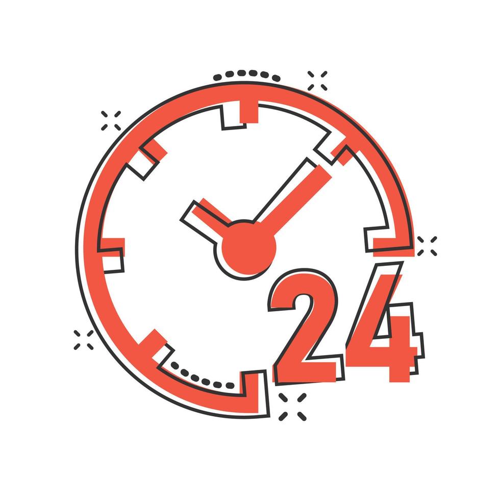 horloge 24 7 icône dans le style comique. regarder l'illustration vectorielle de dessin animé sur fond blanc isolé. concept d'entreprise d'effet d'éclaboussure de minuterie. vecteur