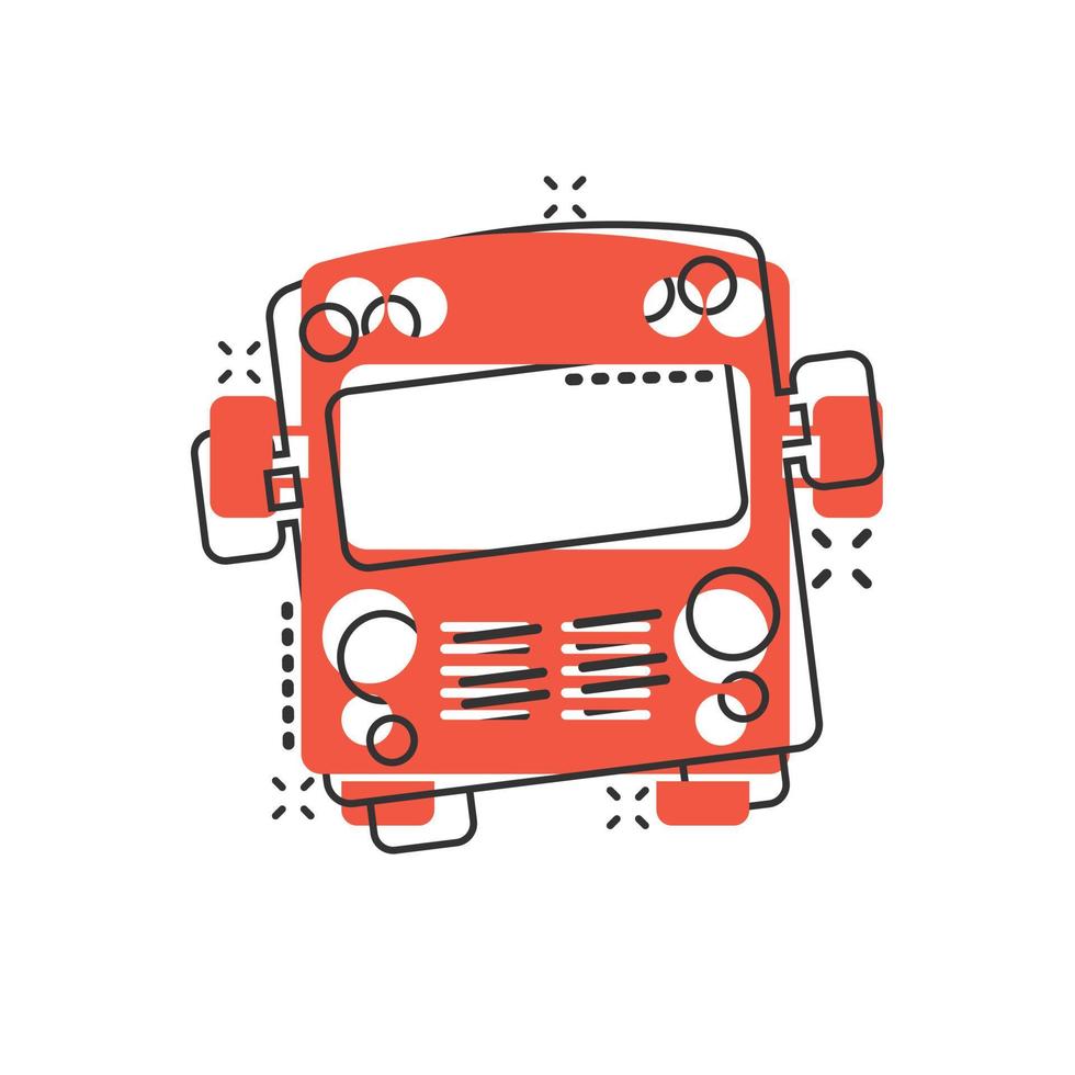 icône de bus dans le style comique. illustration vectorielle de dessin animé de voiture d'entraîneur sur fond blanc isolé. concept d'entreprise d'effet d'éclaboussure d'autobus. vecteur