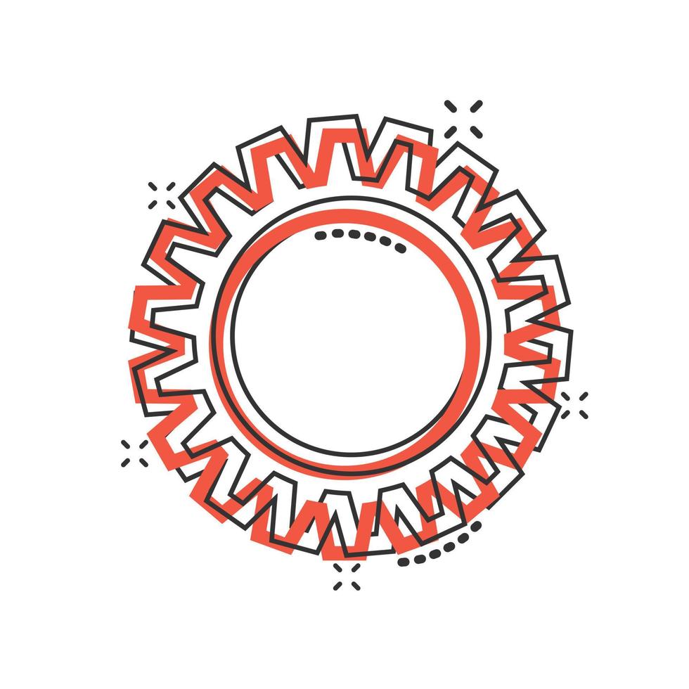icône de vecteur d'engrenage dans le style comique. illustration de dessin animé de roue dentée sur fond blanc isolé. concept d'entreprise d'effet d'éclaboussure de roue dentée de roue dentée.