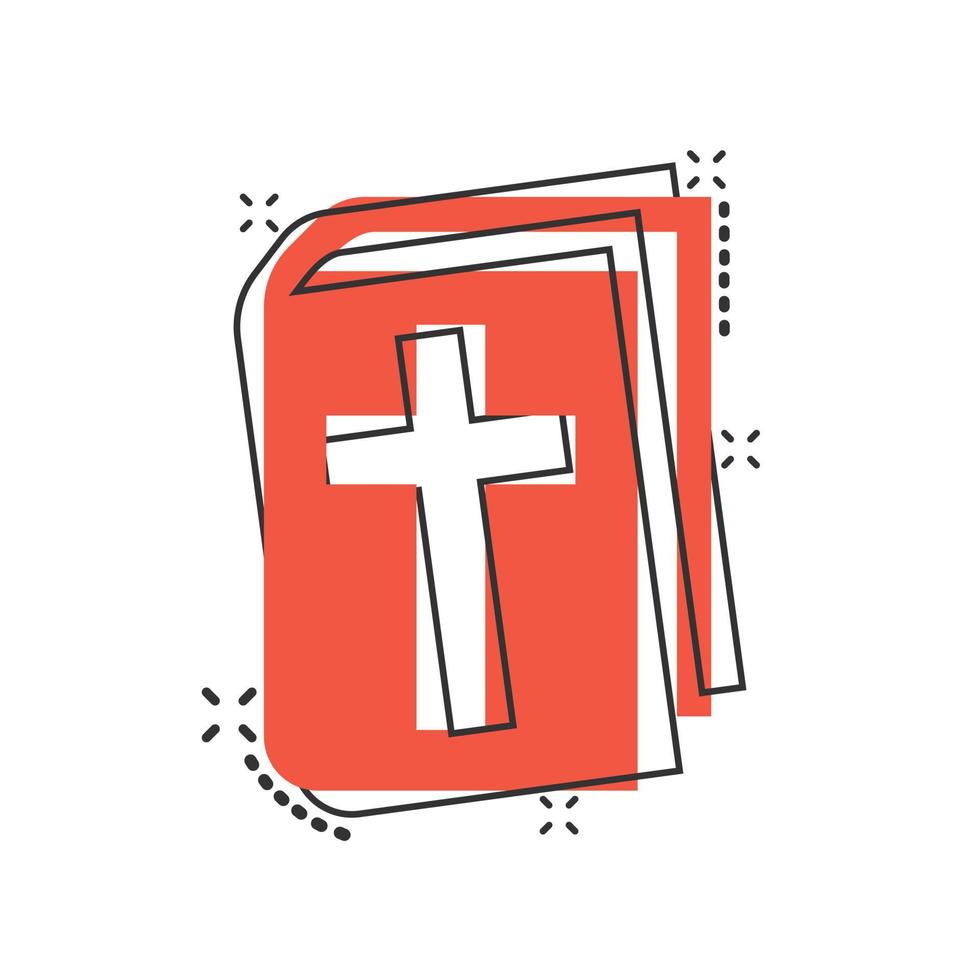 icône de livre biblique dans le style comique. illustration vectorielle de dessin animé de foi d'église sur fond blanc isolé. concept d'entreprise d'effet d'éclaboussure de spiritualité. vecteur