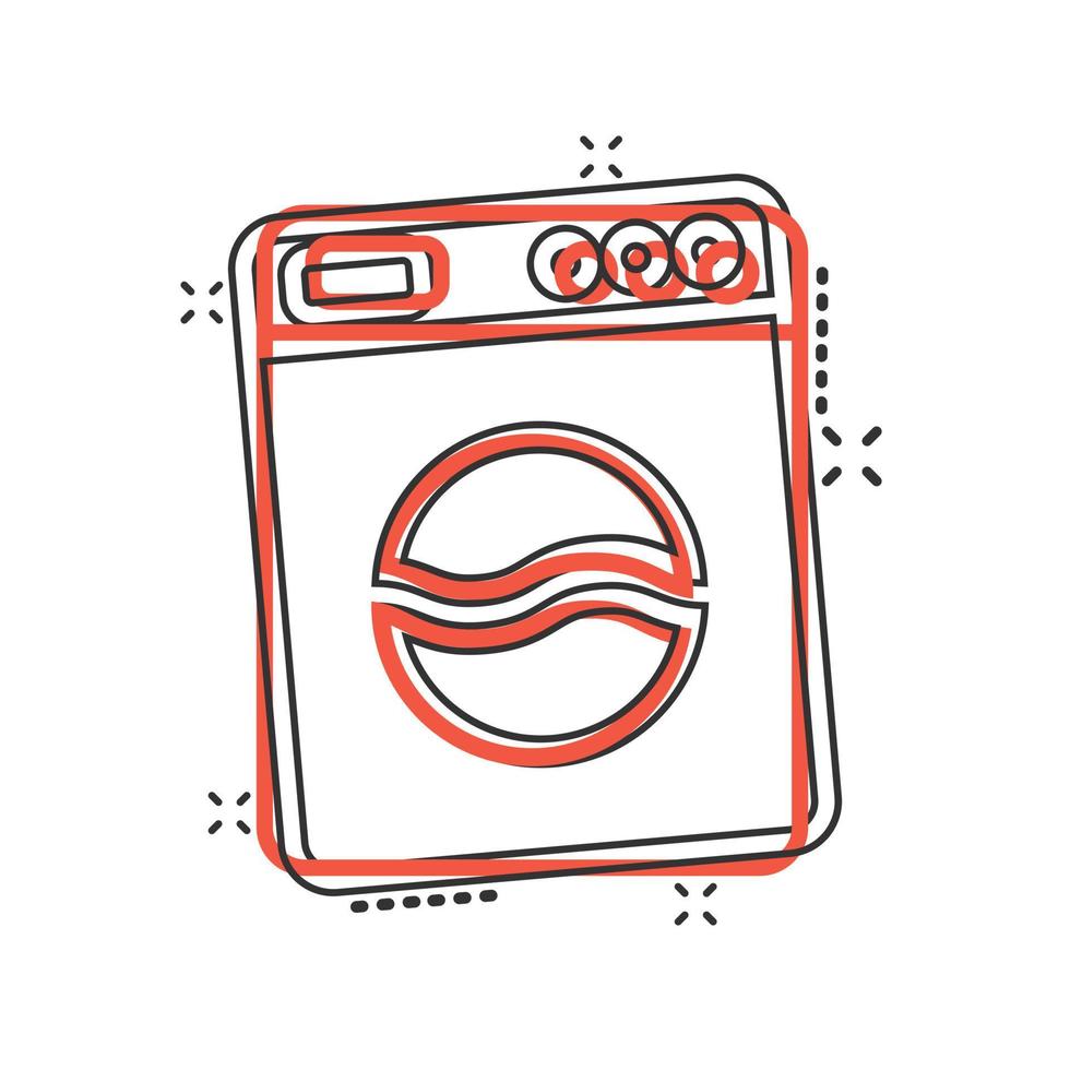 icône de machine à laver dans le style comique. illustration de vecteur de dessin animé de rondelle sur fond blanc isolé. concept d'entreprise d'effet d'éclaboussure de linge.