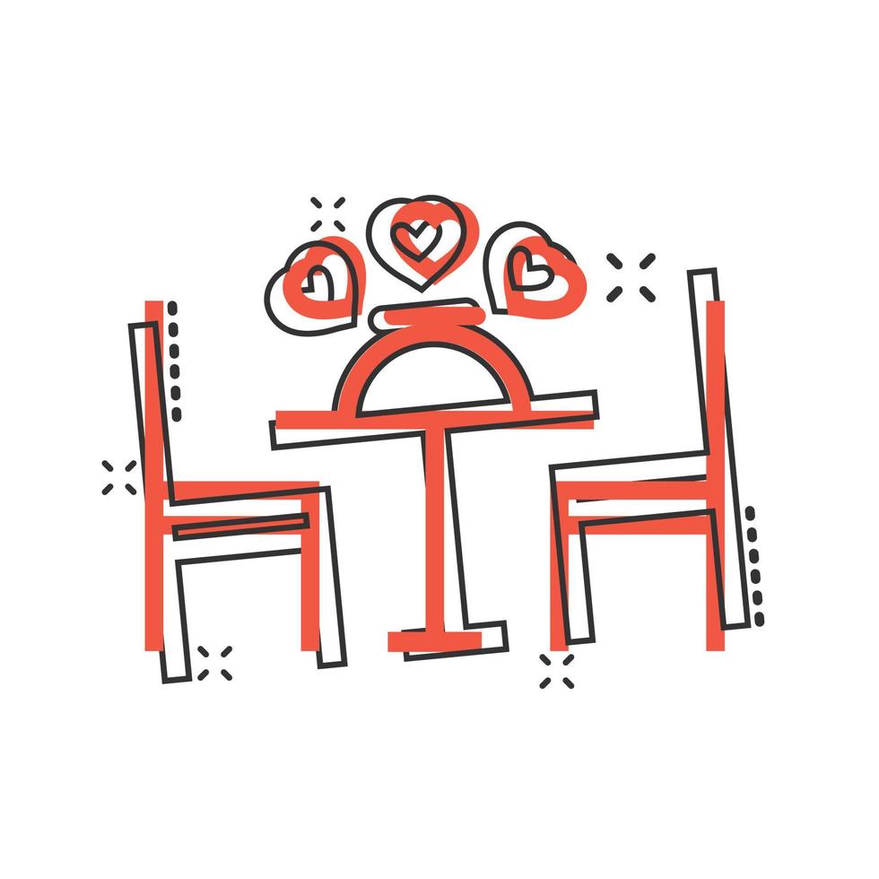 icône de dîner romantique dans le style comique. illustration de vecteur de dessin animé de café sur fond blanc isolé. concept d'entreprise d'effet d'éclaboussure de restaurant.