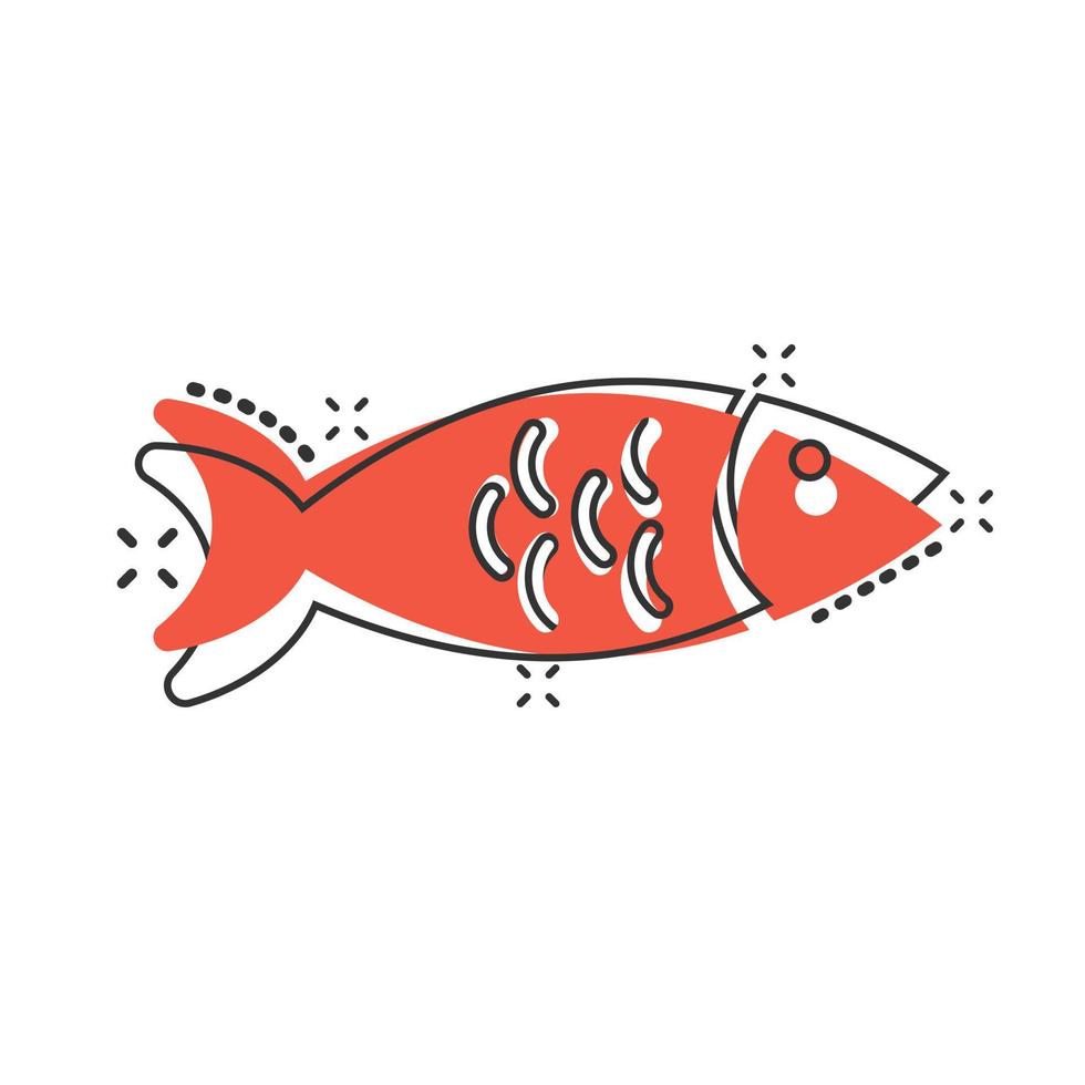 icône de poisson dans le style comique. illustration de vecteur de dessin animé de fruits de mer sur fond blanc isolé. concept d'entreprise d'effet d'éclaboussure d'animal marin.