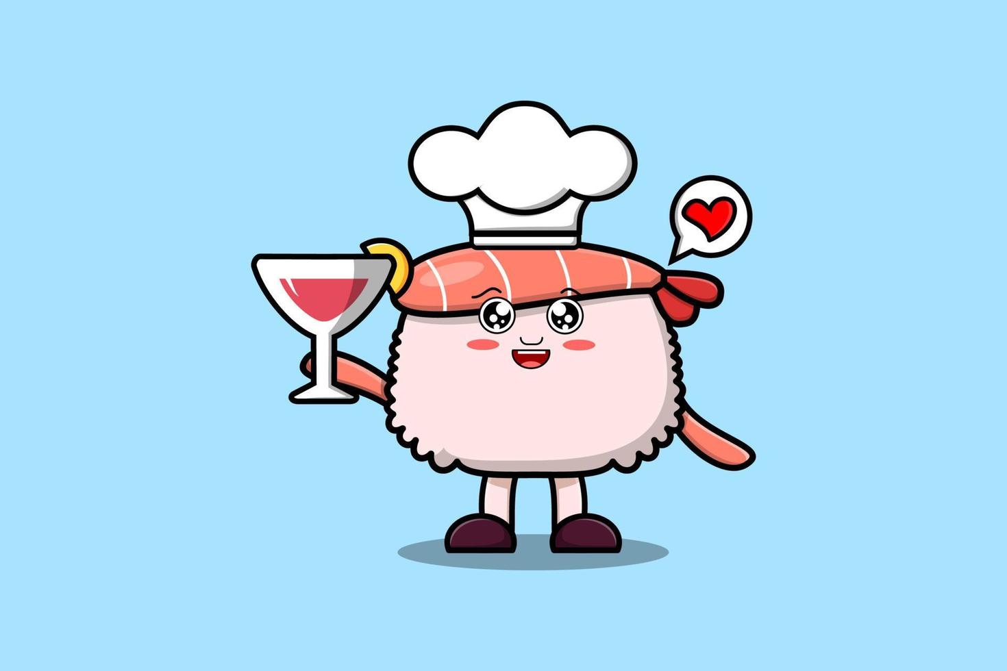 chef de crevettes sushi dessin animé mignon tenant un verre de vin vecteur