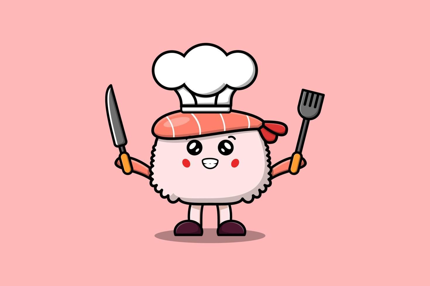 chef de crevettes sushi dessin animé mignon tenir un couteau et une fourchette vecteur