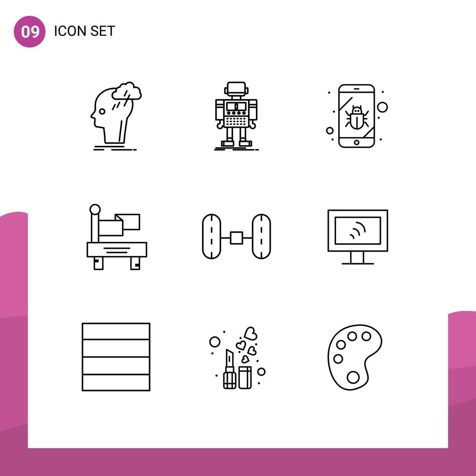 symboles d'icônes universelles groupe de 9 contours modernes d'éléments de conception vectoriels modifiables de sécurité du drapeau robotique du train d'alignement des roues vecteur
