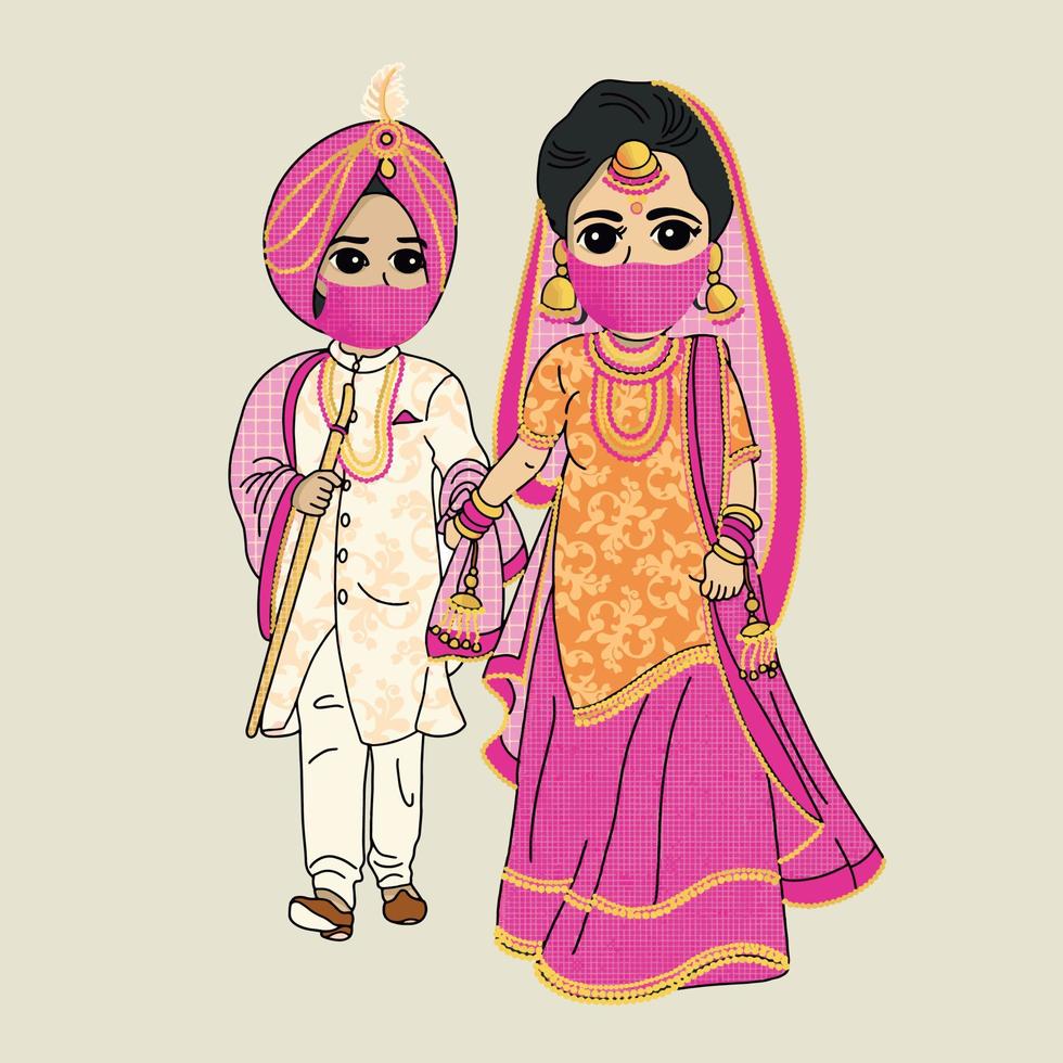 personnage de dessin animé de mariage indien vecteur