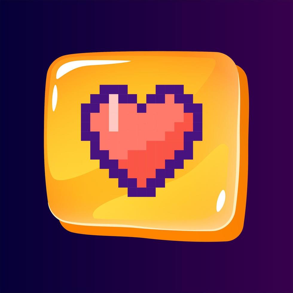 bouton d'interface utilisateur brillant coeur avec icône de couleur pixélisée. évaluation du contenu. attitude positive. élément graphique 8 bits modifiable sur la forme d'un rectangle de verre brillant. image isolée pour arcade, conception de jeux vidéo vecteur