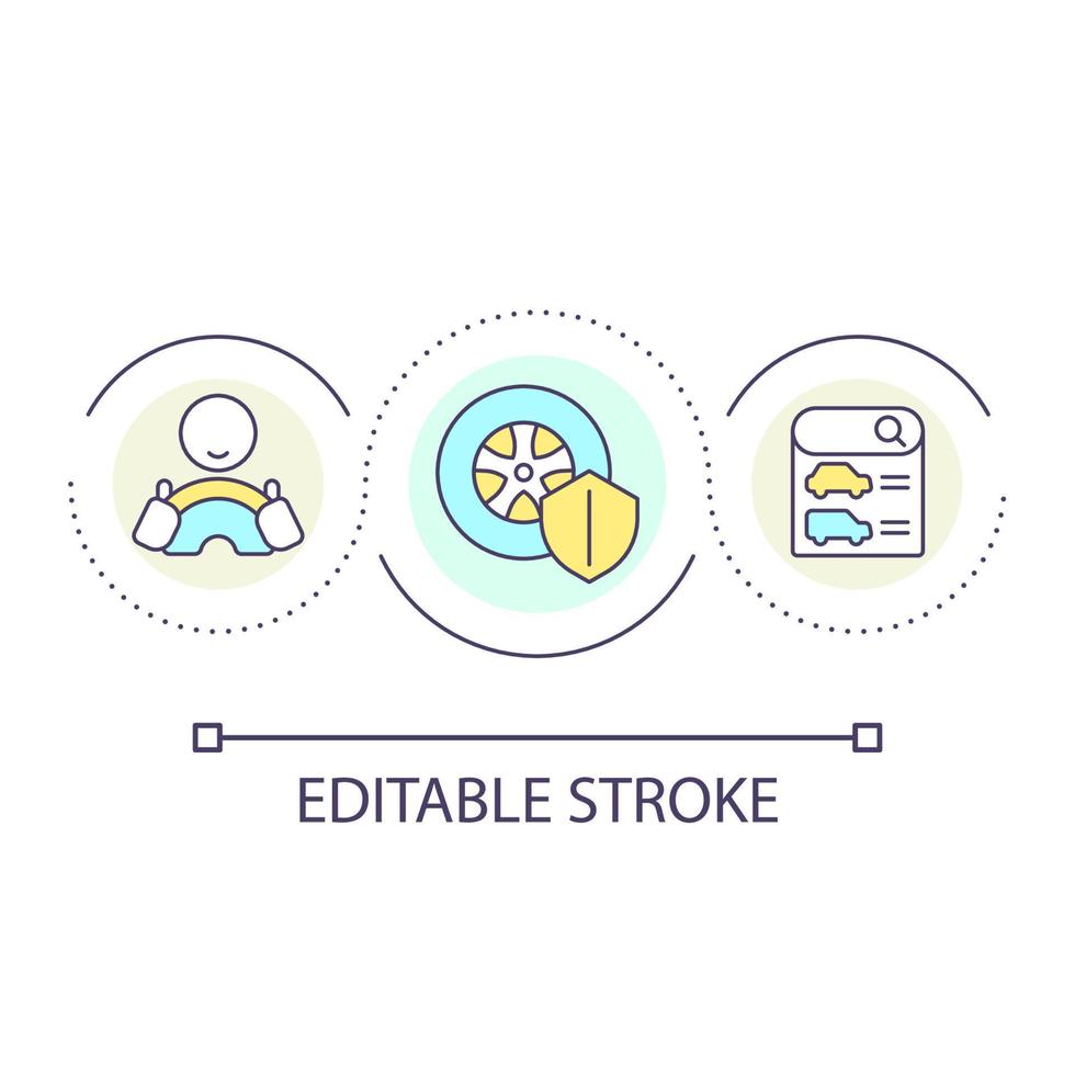icône de concept de boucle d'assurance auto. protection financière de la voiture. politique du véhicule. illustration de la ligne mince de l'idée abstraite de la couverture financière. dessin de contour isolé. trait modifiable vecteur