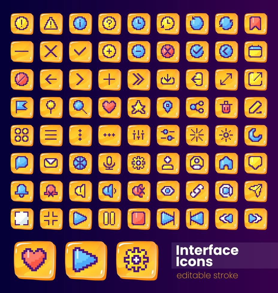 bouton d'interface utilisateur brillant de site Web avec grand ensemble d'icônes de couleur pixélisée. élément graphique 8 bits modifiable sur la forme d'un rectangle de verre brillant. collection d'images isolées pour arcade, conception de jeux vidéo vecteur