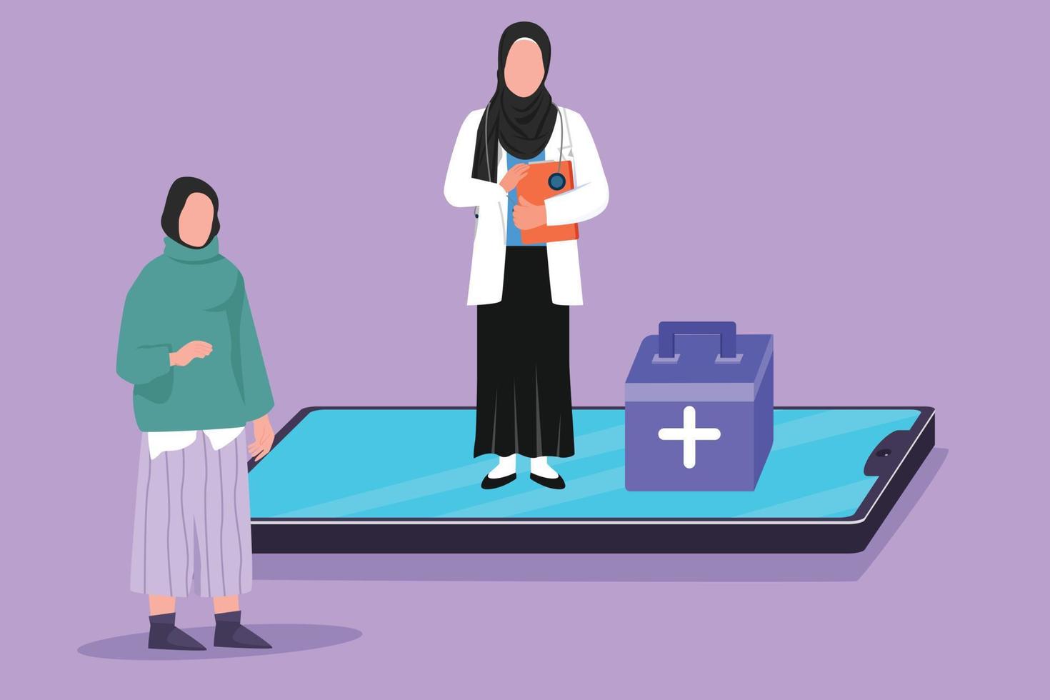 dessin animé à plat dessinant une femme médecin arabe debout sur un écran géant de smartphone et parlant avec une patiente. consultation de service d'application médicale numérique en ligne. illustration vectorielle de conception graphique vecteur