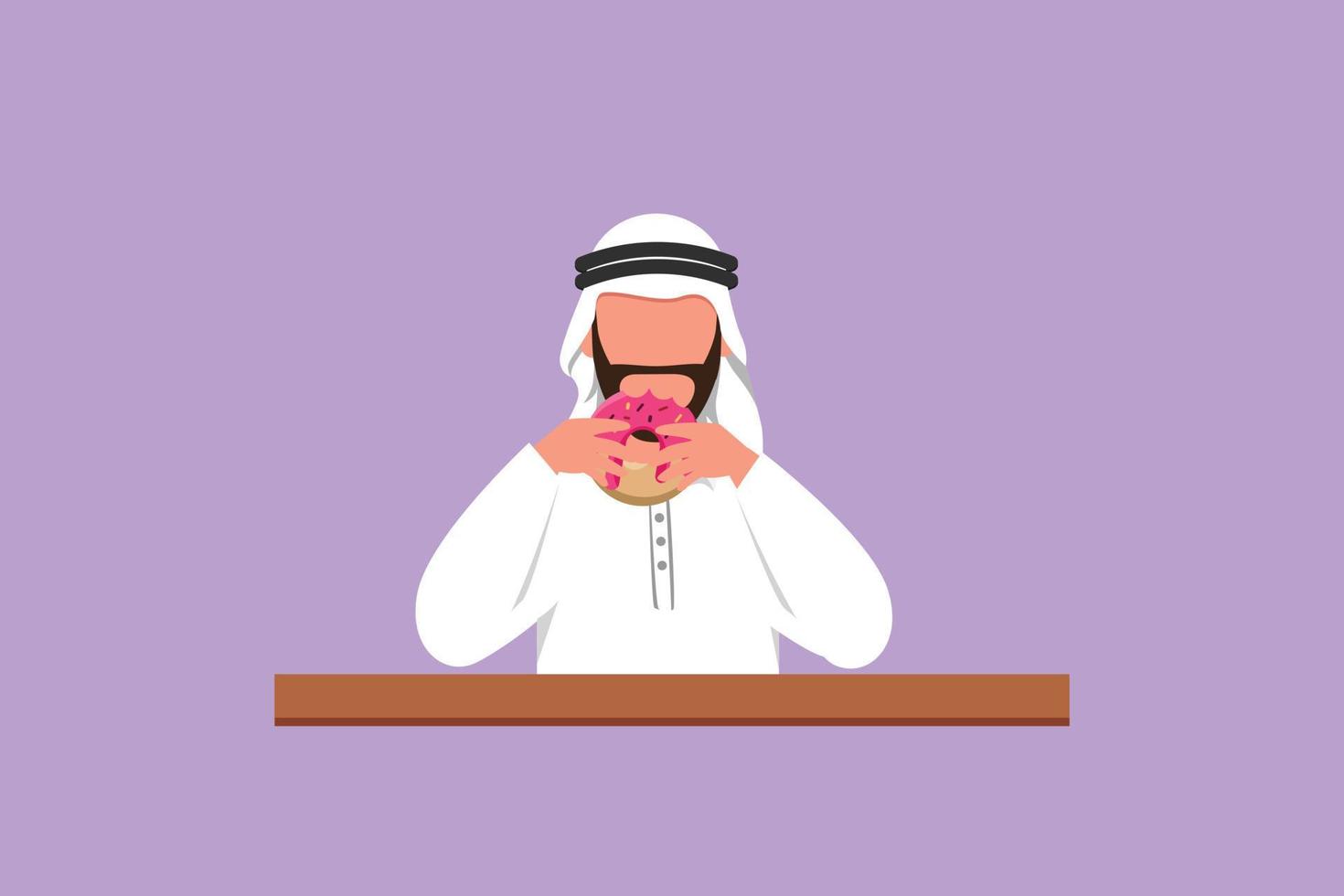 dessin plat de caractère de jeune homme arabe tenir et manger un beignet sucré pour le petit déjeuner. homme heureux ayant un dessert délicieux et assis à table. délicieux fast-food savoureux. illustration vectorielle de dessin animé vecteur