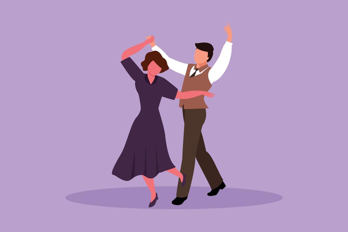 design plat graphique dessin romantique homme et femme couple de danseurs professionnels dansant le tango, danses de valse sur la piste de danse du concours de danse. bonne danse masculine et féminine. illustration vectorielle de style dessin animé vecteur