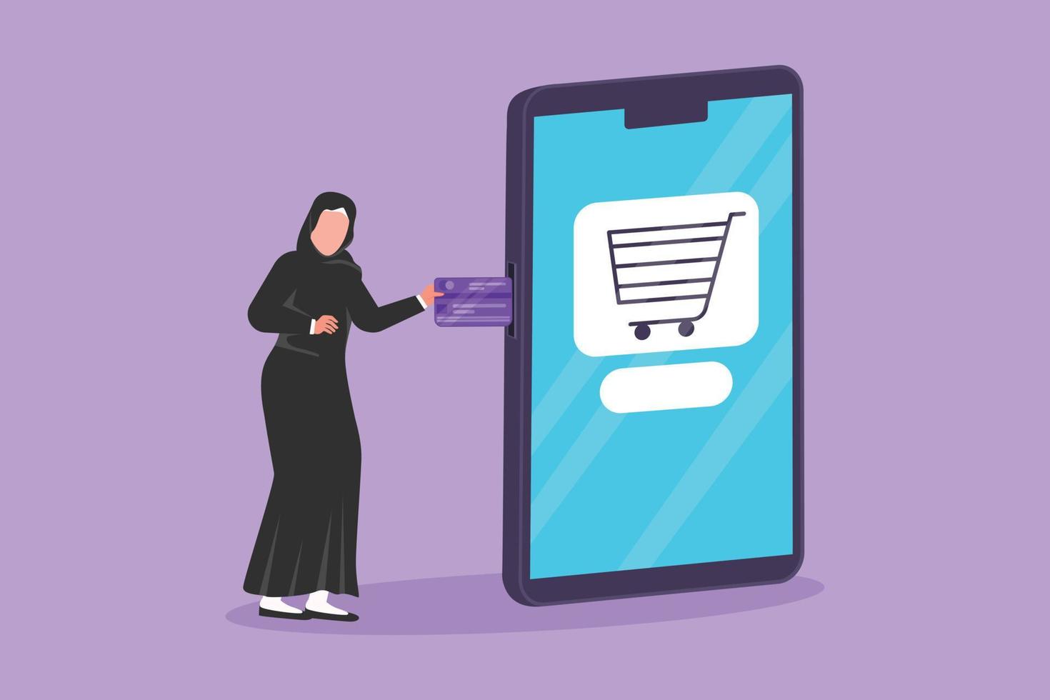 design plat graphique dessin beauté femme arabe insérant une carte de crédit dans un grand écran de smartphone avec panier à l'intérieur. technologie de paiement numérique et de boutique en ligne. illustration vectorielle de style dessin animé vecteur