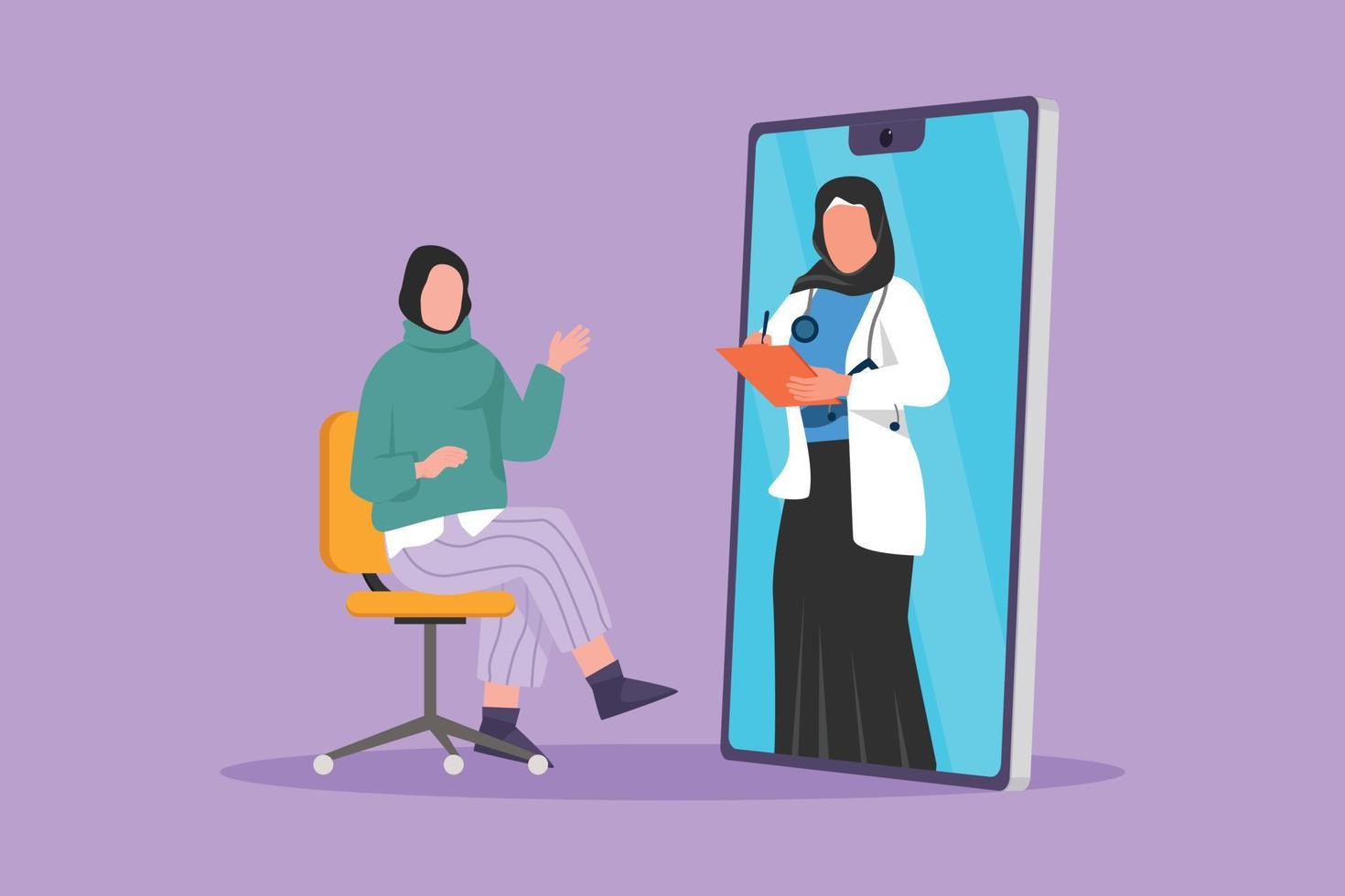 conception graphique à plat dessin Une femme médecin arabe sort d'un smartphone tenant un presse-papiers et vérifie l'état d'une patiente assise sur une chaise. médical en ligne. illustration vectorielle de style dessin animé vecteur