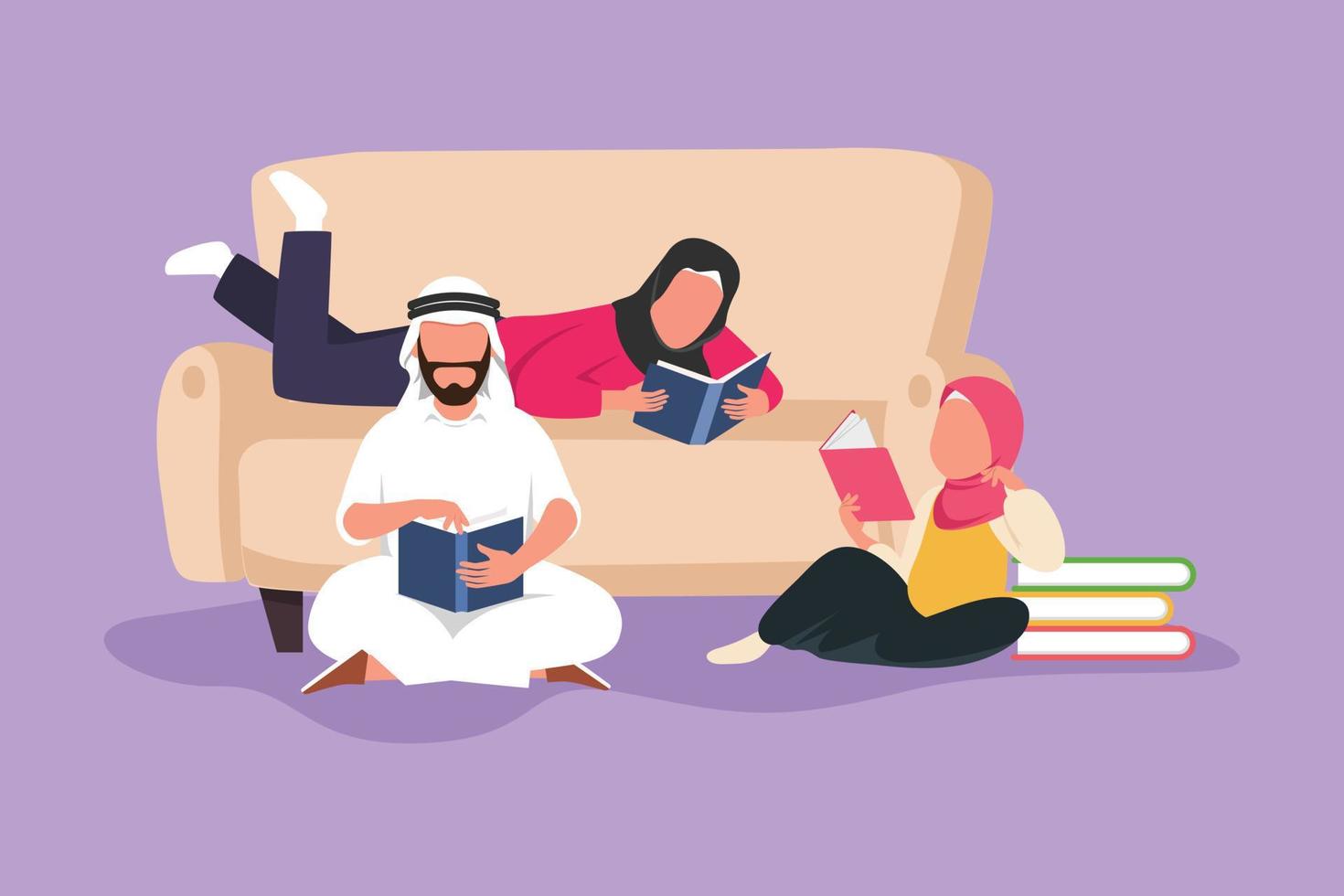 design plat graphique dessin famille arabe lisant des livres ensemble dans le salon à la maison. maman s'appuyant sur le canapé et papa avec sa petite fille sont assis sur le sol. illustration vectorielle de style dessin animé vecteur