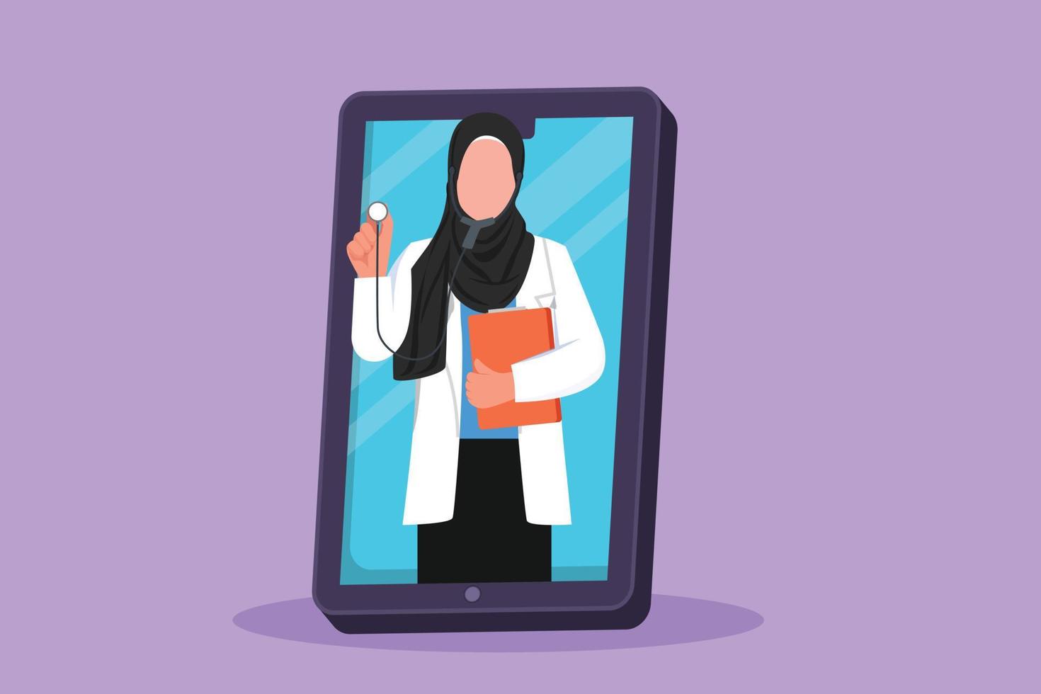 Dessin plat de personnage Une femme médecin arabe sort de l'écran du smartphone tenant un stéthoscope. services d'applications médicales en ligne. concept de consultation de santé numérique. illustration vectorielle de dessin animé vecteur