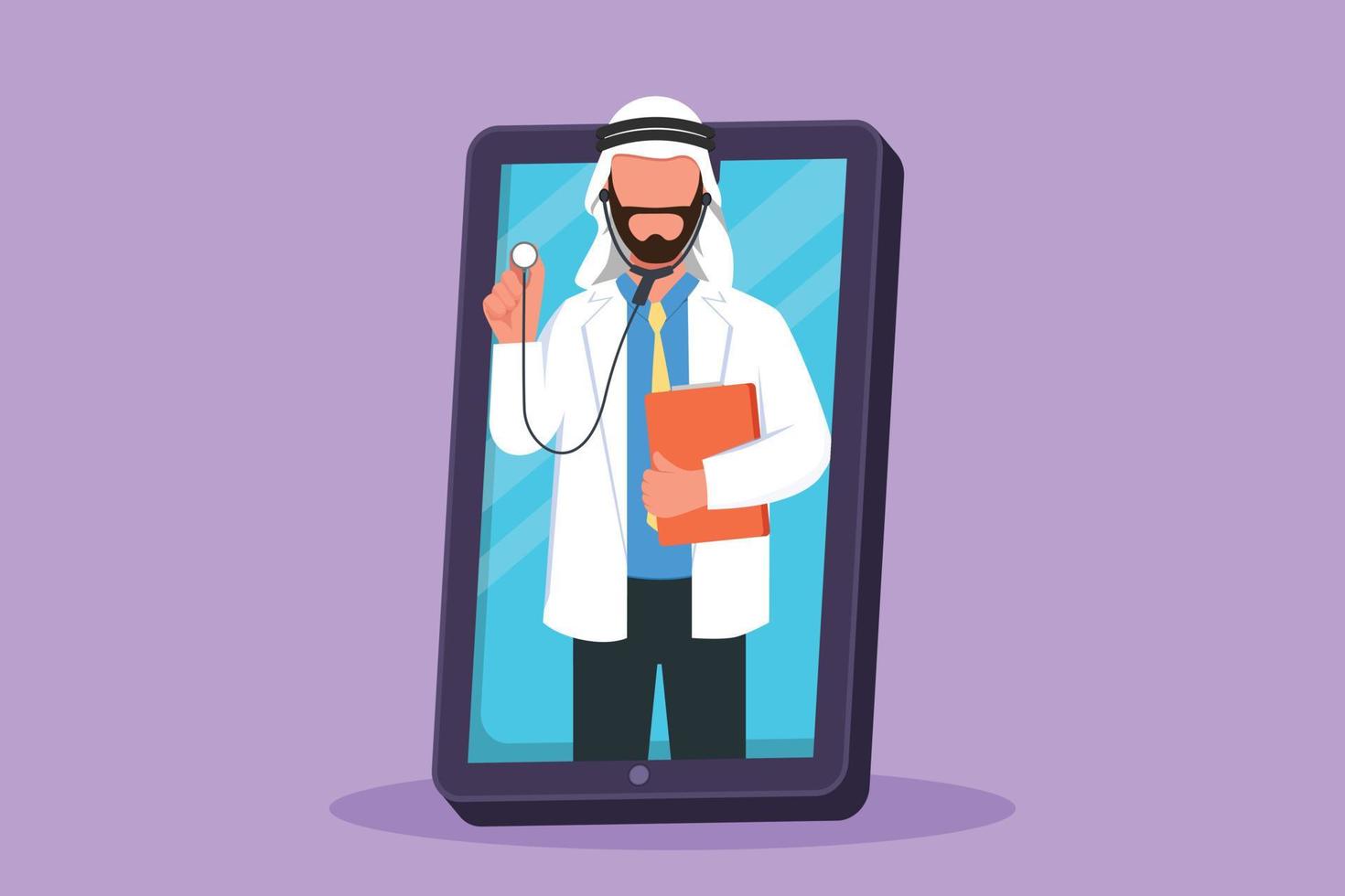 dessin de conception graphique à plat Un médecin de sexe masculin arabe sort de l'écran du smartphone tenant un stéthoscope. services d'applications médicales en ligne. concept de consultation de santé numérique. illustration vectorielle de style dessin animé vecteur