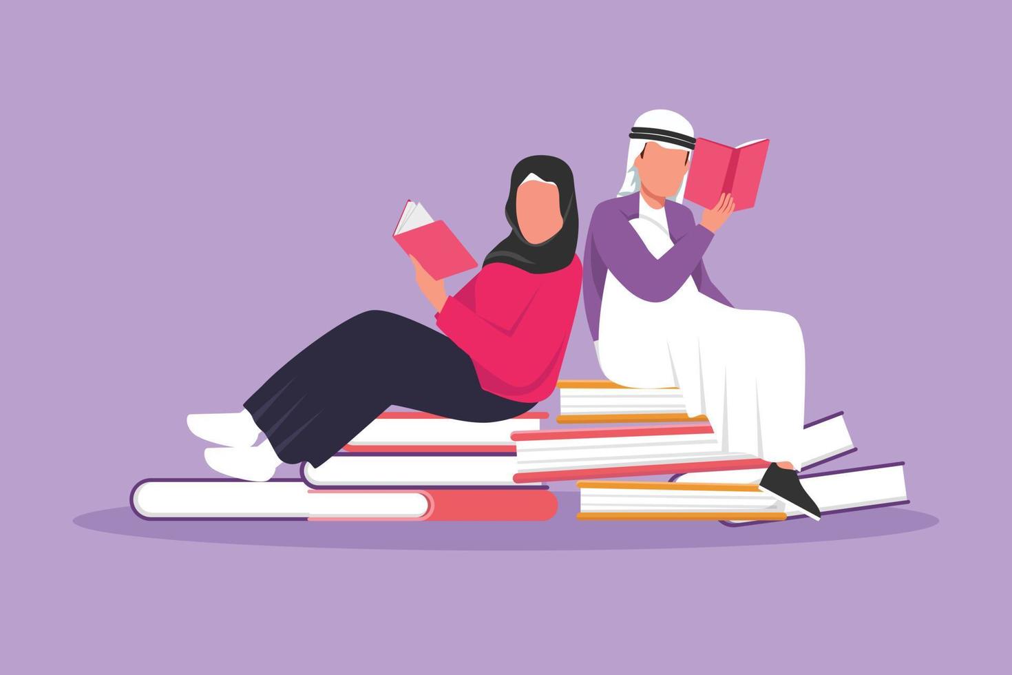 personnage plat dessin étudiant arabe femme et homme lisant, apprenant et assis sur de gros livres. étudier en bibliothèque. passionnés ou passionnés de littérature. l'éducation et la connaissance. illustration vectorielle de dessin animé vecteur