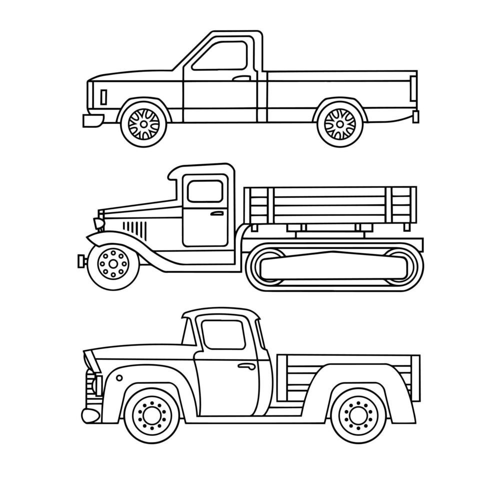 ensemble d'icônes linéaires de vieux camions à colorier. illustration vectorielle vecteur