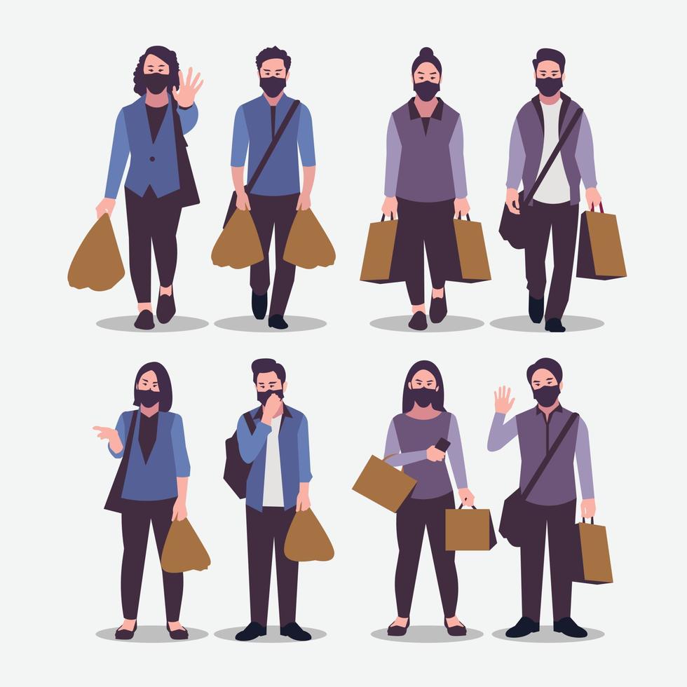 le shopping vectoriel est une conception de plusieurs personnes portant des masques pour faire du shopping