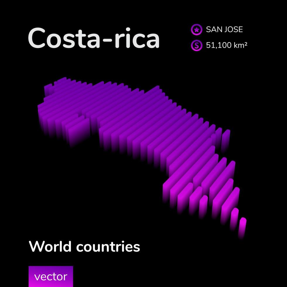 carte 3d du costa rica. La carte costa-rica à rayures isométriques numériques simples au néon stylisé est en couleurs violettes sur fond noir vecteur