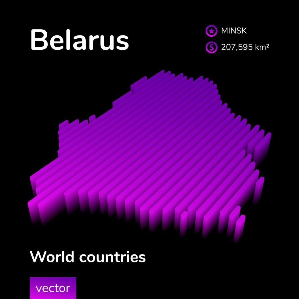 carte 3d de la biélorussie. carte vectorielle rayée isométrique numérique néon stylisée dans des couleurs violettes, roses sur fond noir. vecteur