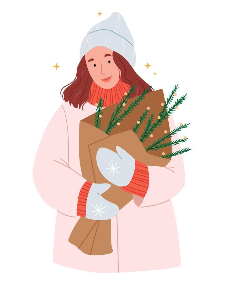 une fille élégante en vêtements d'hiver tient un bouquet de branches d'arbres de noël.simple illustration dessinée à la main. vecteur