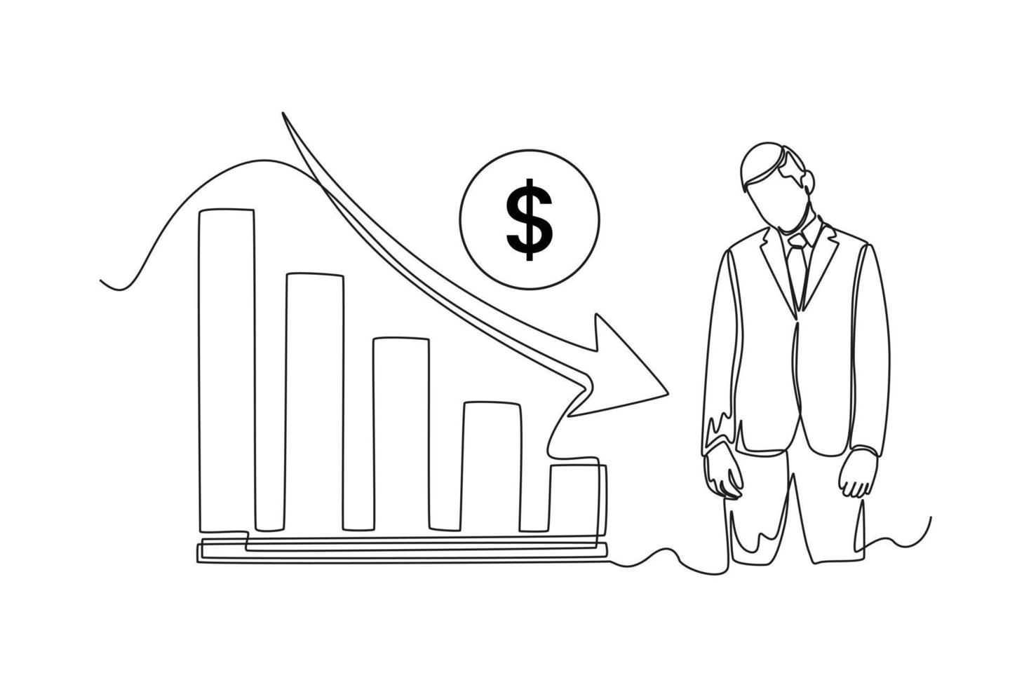 un seul dessin au trait a déçu l'homme d'affaires parce que la flèche du graphique financier diminue. économie et concept d'entreprise. illustration vectorielle graphique de conception de dessin en ligne continue. vecteur