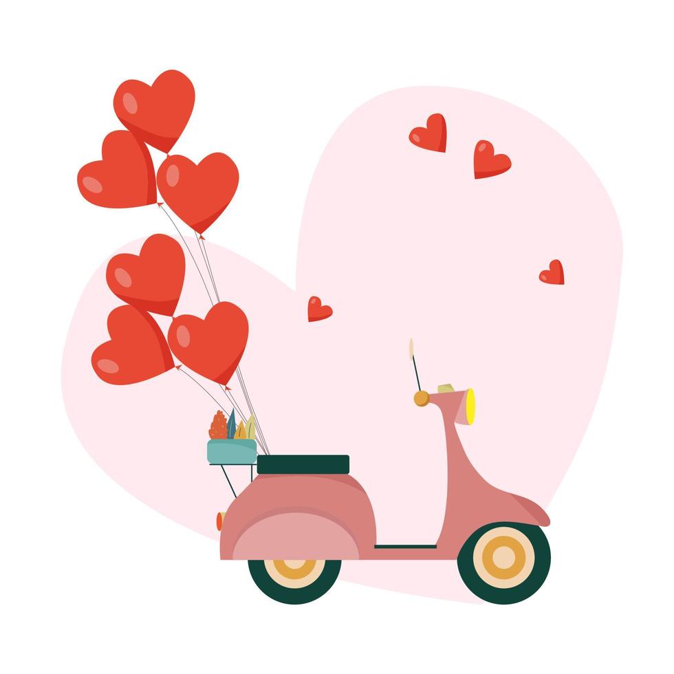 carte postale romantique. scooter rétro avec ballons coeur vecteur