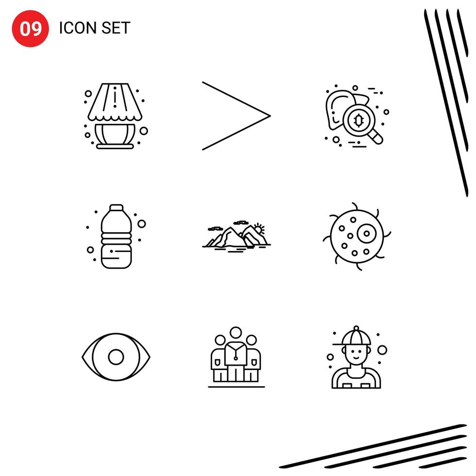 ensemble moderne de 9 contours et symboles tels que les éléments de conception vectoriels modifiables de bouteille d'eau d'hépatite de boisson de colline vecteur