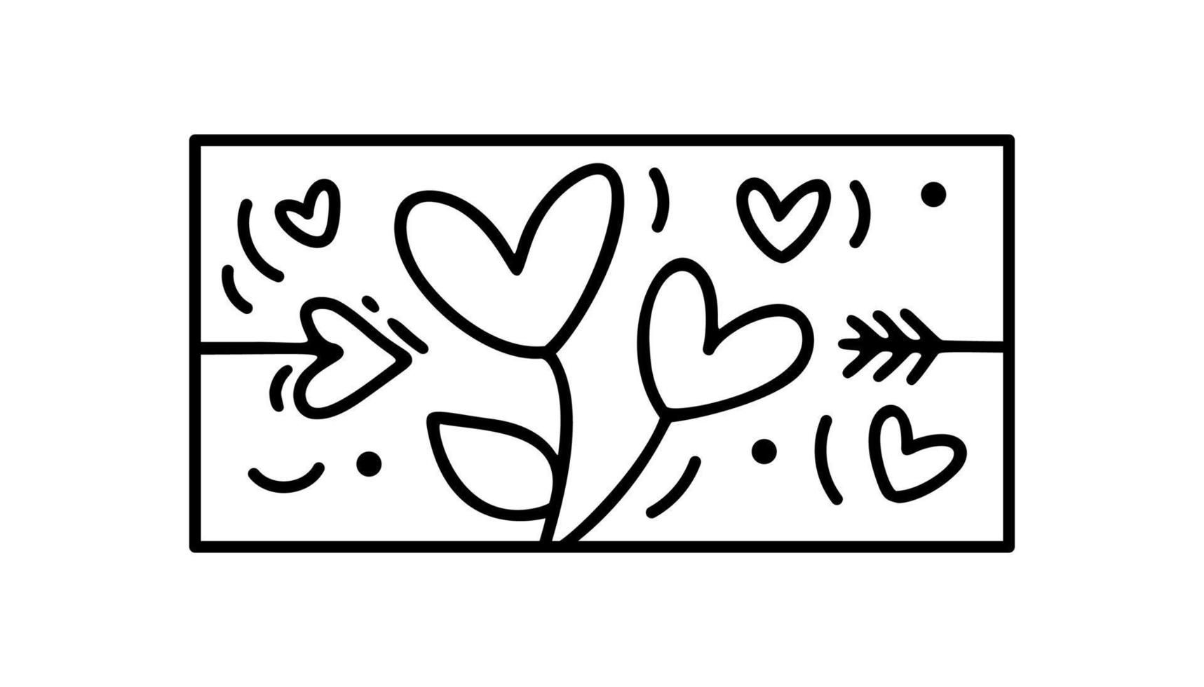fleur de composition vectorielle saint valentin et flèche avec coeur. logo de constructeur de vacances d'amour dessiné à la main dans un cadre horizontal rectangle pour carte de voeux, invitation à la conception web vecteur
