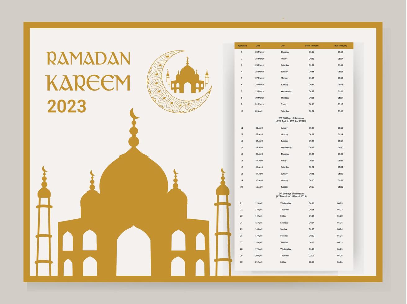 conception du calendrier du ramadan 2023. modèle de maquette de calendrier, dua du calendrier islamique et horaire de l'horaire prêt à imprimer illustration vectorielle vecteur