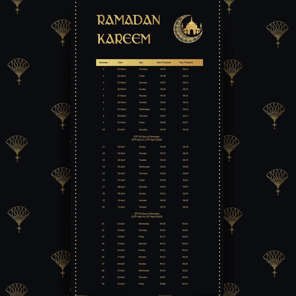 conception du calendrier du ramadan 2023. modèle de maquette de calendrier, dua du calendrier islamique et horaire de l'horaire prêt à imprimer illustration vectorielle vecteur