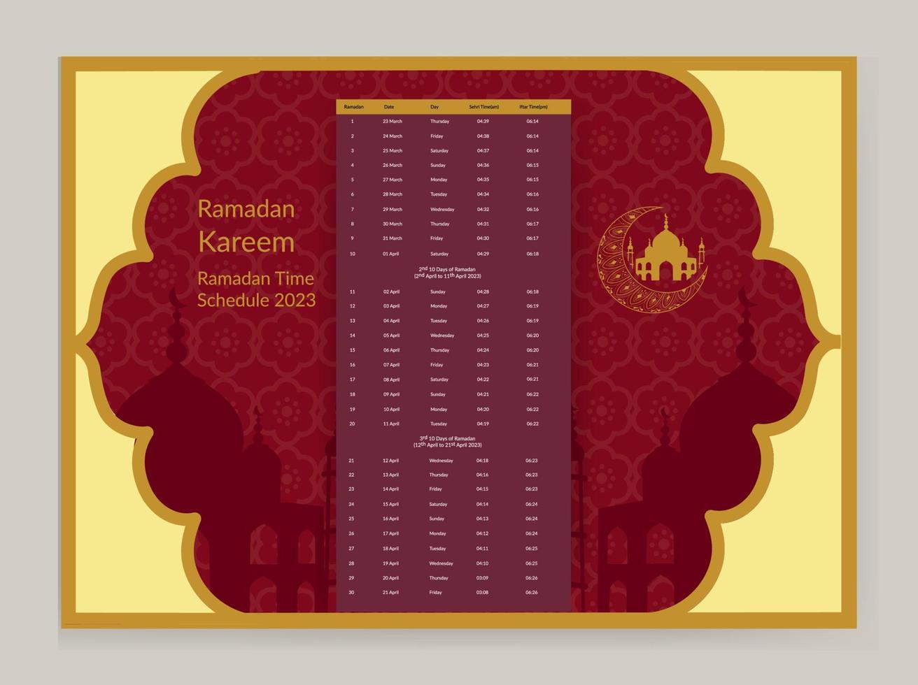 conception du calendrier du ramadan 2023. modèle de maquette de calendrier, dua du calendrier islamique et horaire de l'horaire prêt à imprimer illustration vectorielle vecteur