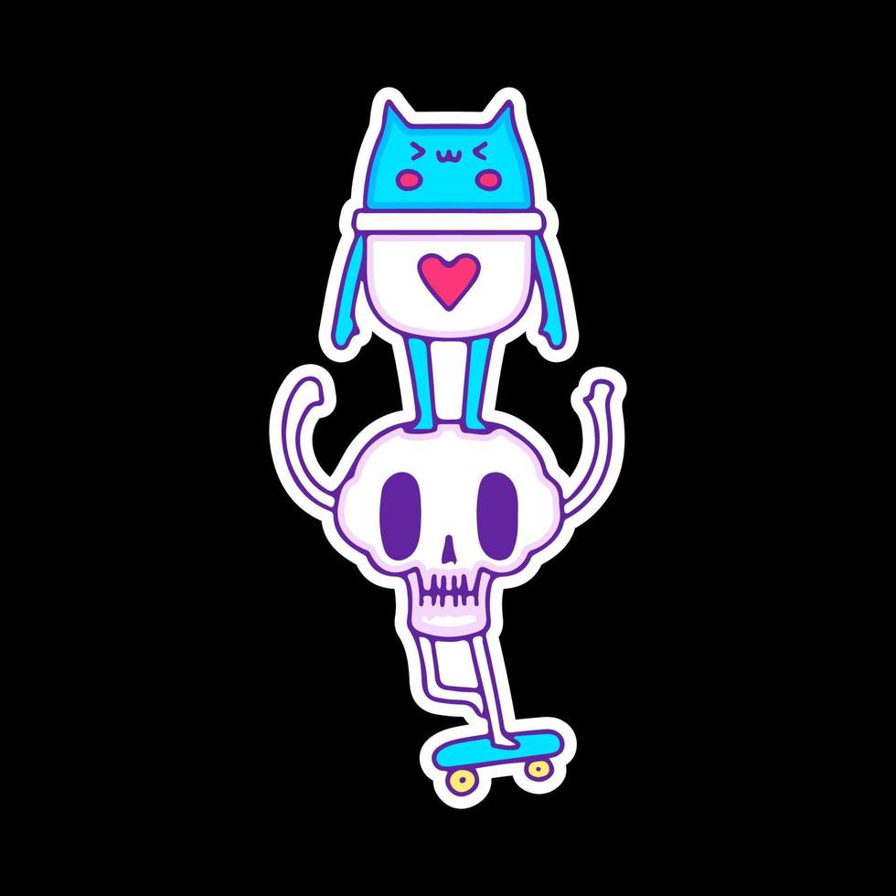 chat debout sur la tête du crâne et faisant du skateboard, illustration pour t-shirt, autocollant ou marchandise vestimentaire. avec un style doodle, rétro et dessin animé. vecteur