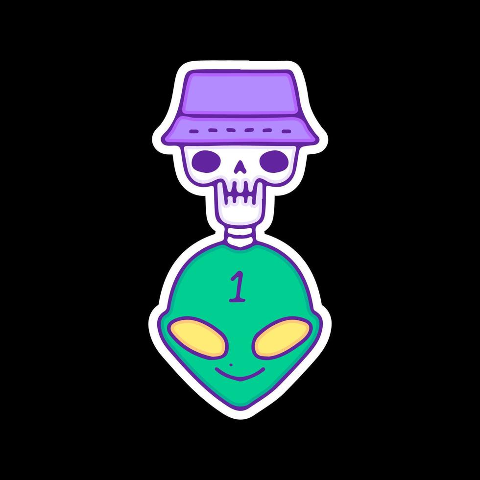 tête extraterrestre avec crâne portant un chapeau de seau, illustration pour t-shirt, autocollant ou marchandise vestimentaire. avec un style doodle, rétro et dessin animé. vecteur