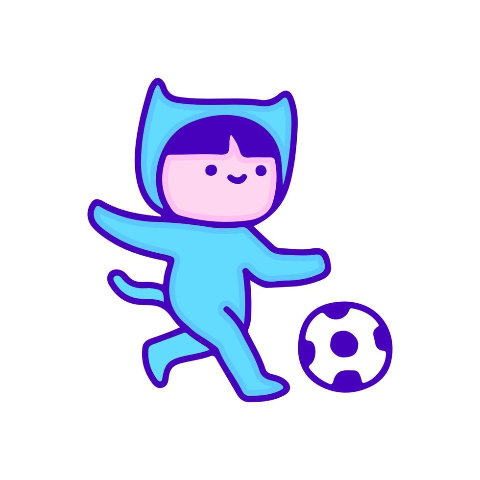 enfant mignon en costume de chat jouant au football, illustration pour t-shirt, autocollant ou marchandise vestimentaire. avec un style pop et rétro moderne. vecteur